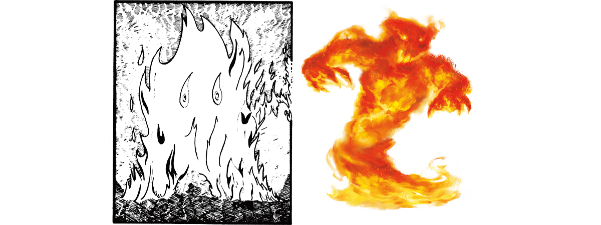 Símbolos de terra, água, ar, fogo. os personagens são monstros